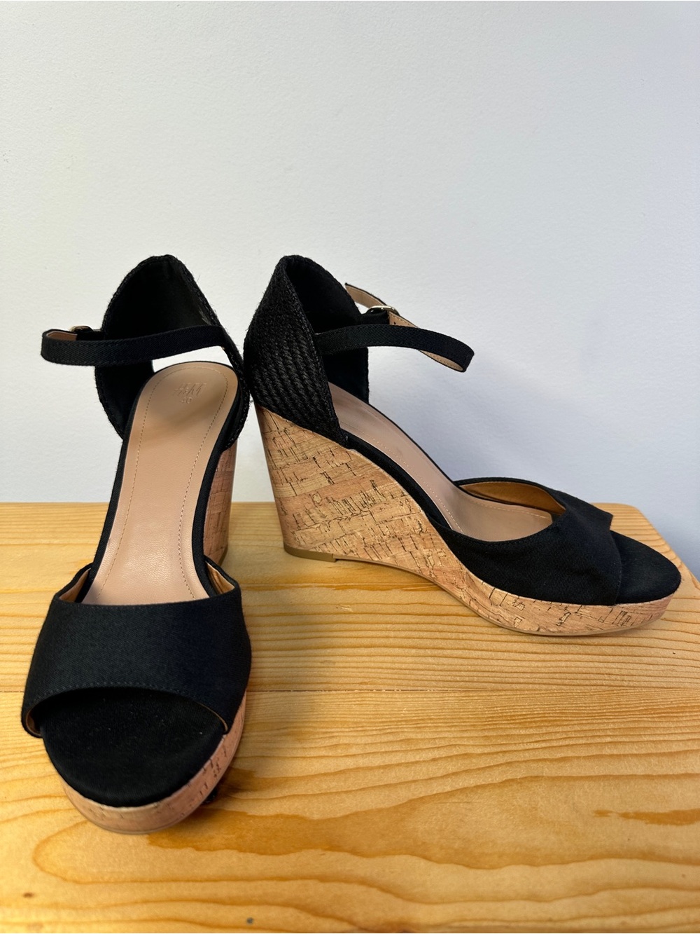 H&M Black Faux Suede Cork Wedge Sandals with Ankle Strap 8.5
